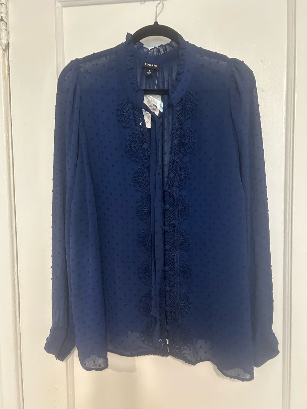 torrid Navy Swiss Dot Lace-Trim Ruffle Blouse